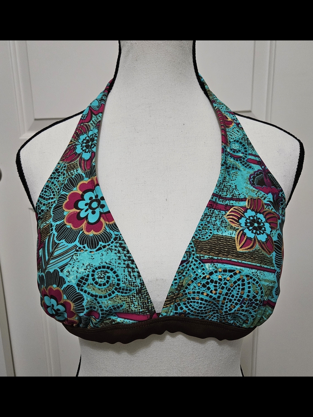 Faded Glory Turquoise Floral Halter Bikini Top with Brown Trim